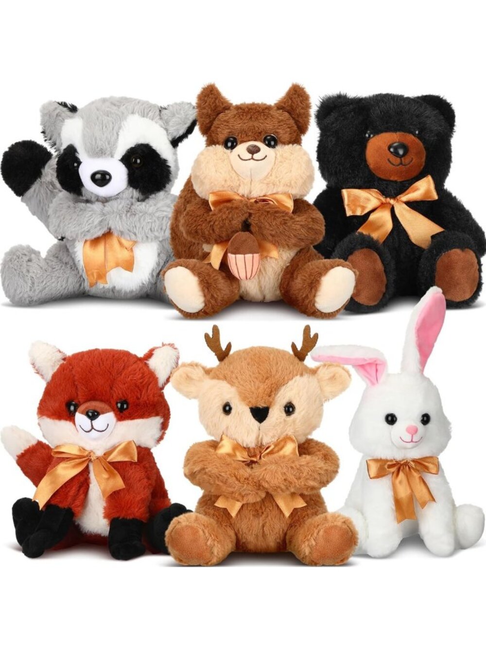 Woodland Stuffed Animal Set - 6 Plush Toys Bear, Deer, Fox & Raccoon - 11.8